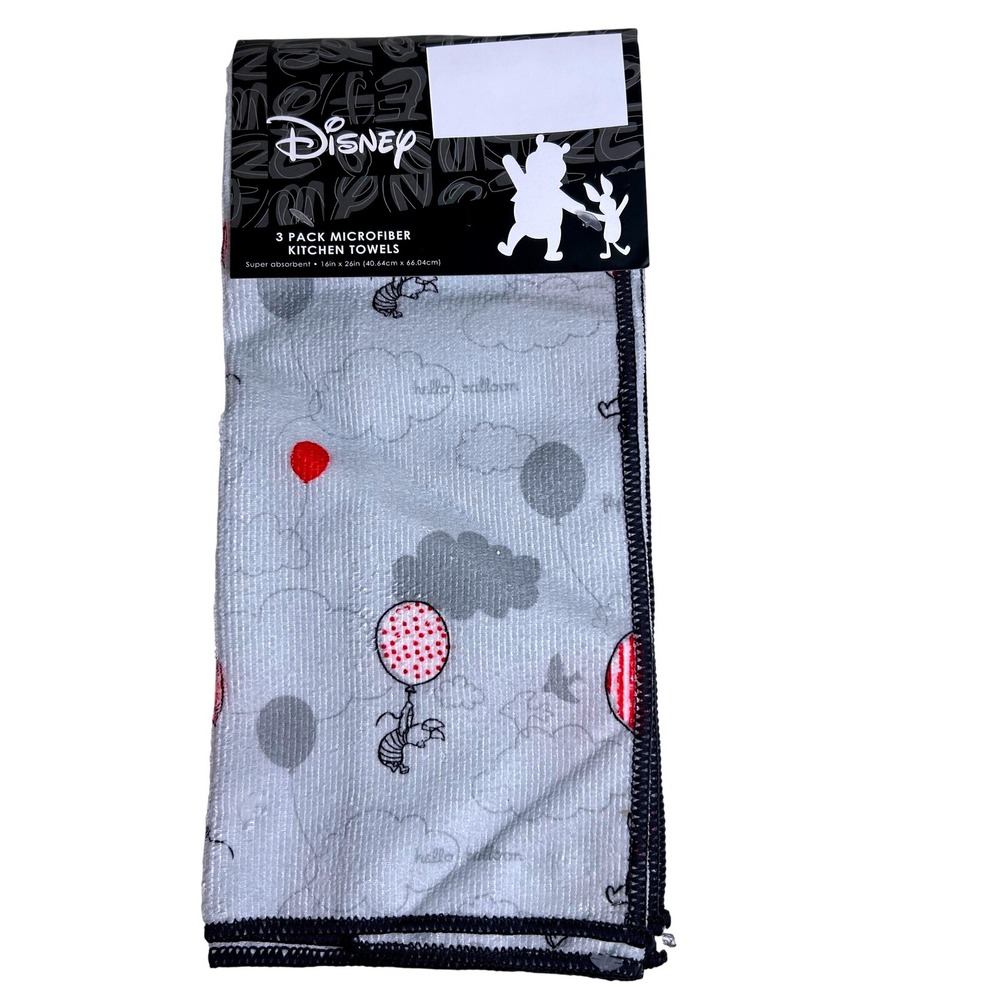 Disney‎ Winnie the Pooh Piglet 3 Pack Microfiber Kitchen Towels Gray Red 16x26